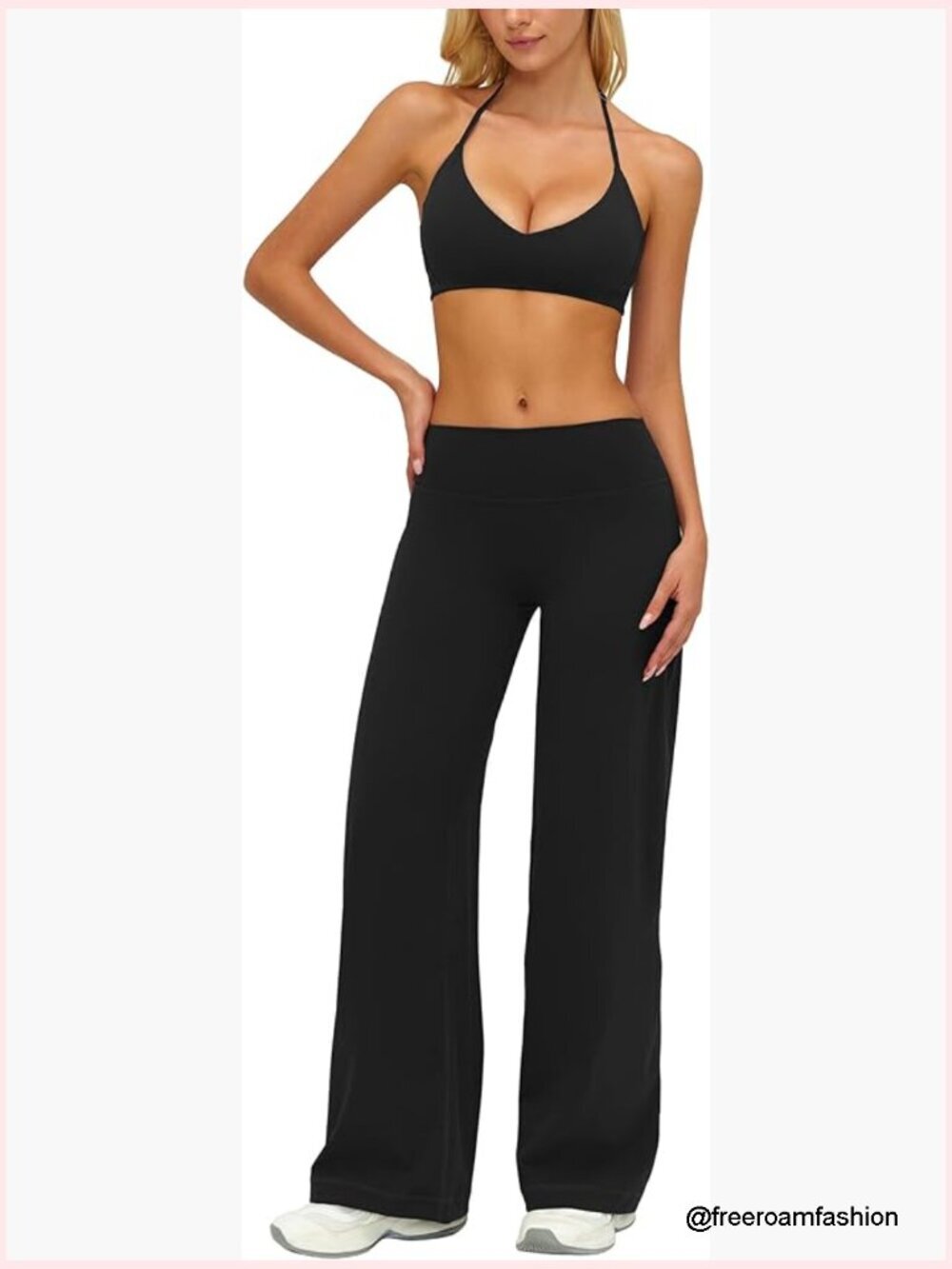 2 Piece Active Set: Halter Sports Bra & Wide Leg Pants